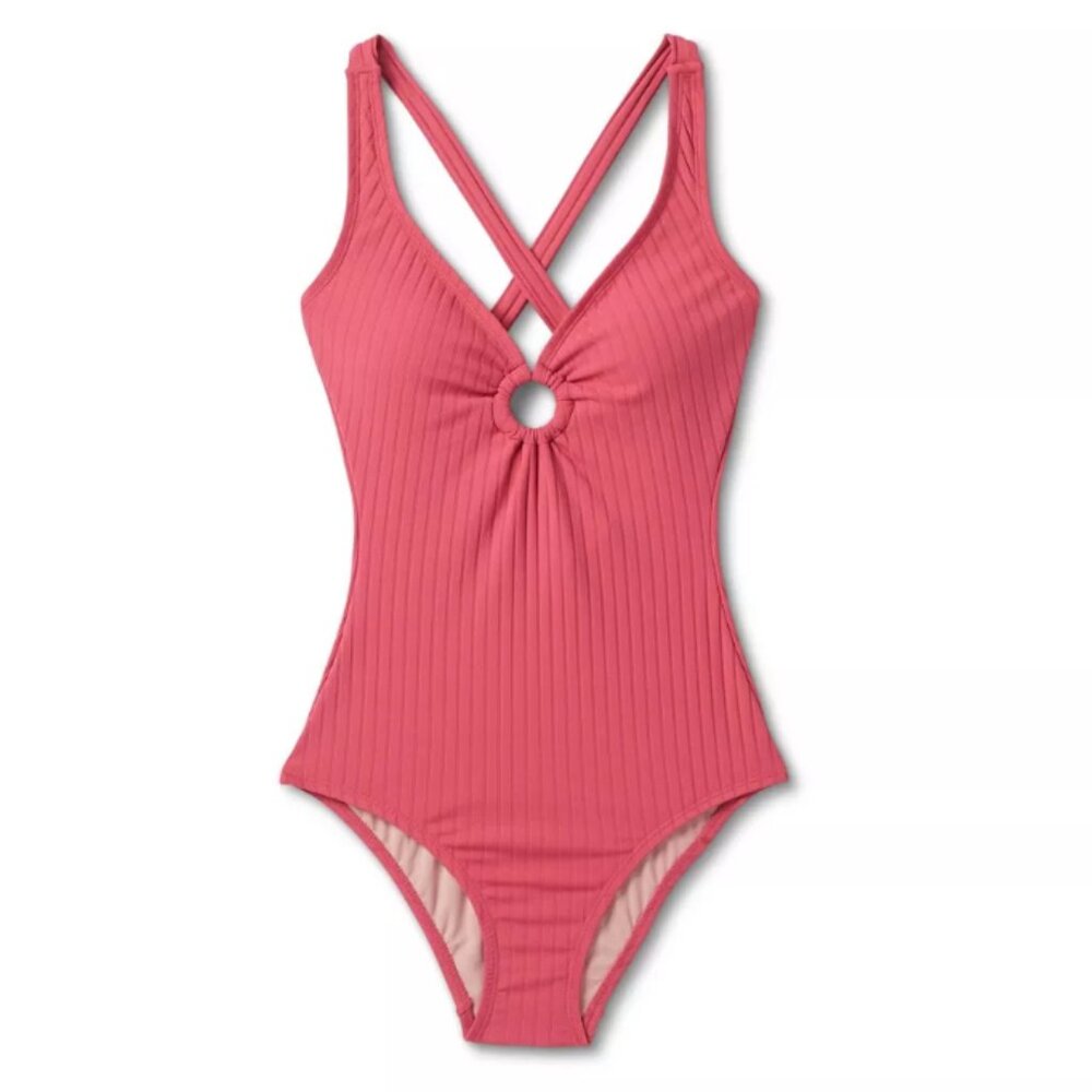 Kona Sol Pink Ribbed One Piece Swimsuit medium